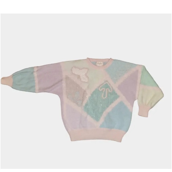 Vintage  Pastel Colorblock
Oversized Kawaii Sweater size small Pearl beaded - Picture 4 of 16